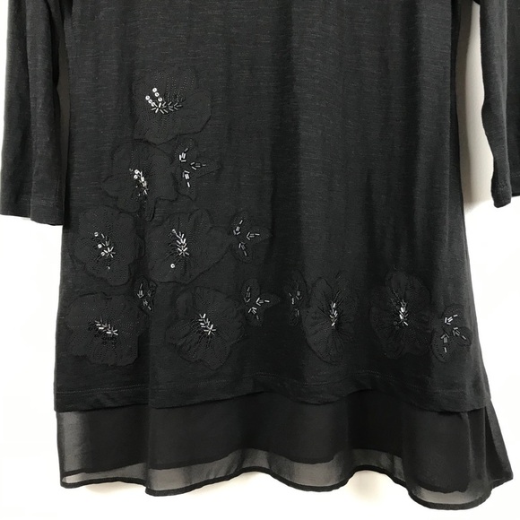 LOGO Slub Knit Embellished Chiffon Trim Tunic Women’s Size XS Black - Picture 8 of 9